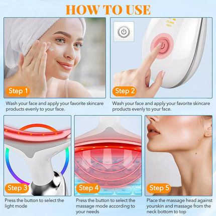Neck Lifting Anti Wrinkle Facial Massager Beauty Device Vibration LED Light Skin(White)