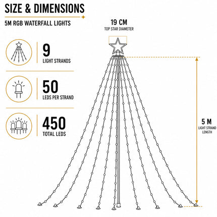 450 LED 9-Strand 5M RGB Waterfall Xmas Tree Lights Star 8 Modes Memory Outdoor