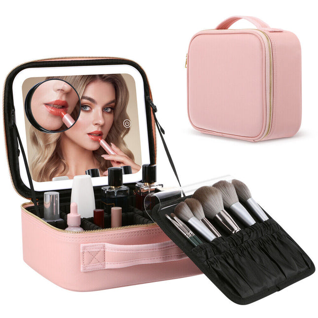Portable Makeup Bag Cosmetic Case Storage Box Travel Organizer With LED Mirror