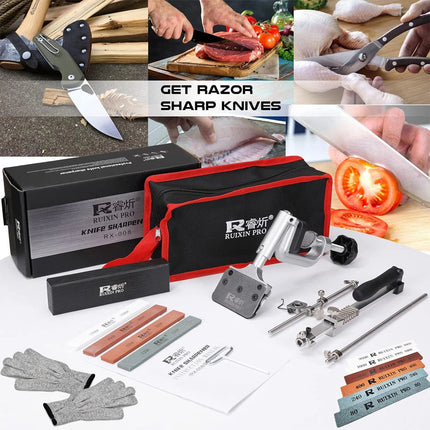 Knife Sharpener System Angle Adjustable Sharpening w/ 10 Whetstones & Gloves Set