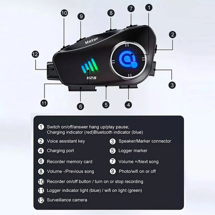 1080P HD Bluetooth Motorcycle Camera Recorder Motorbike Helmet Headset Intercom