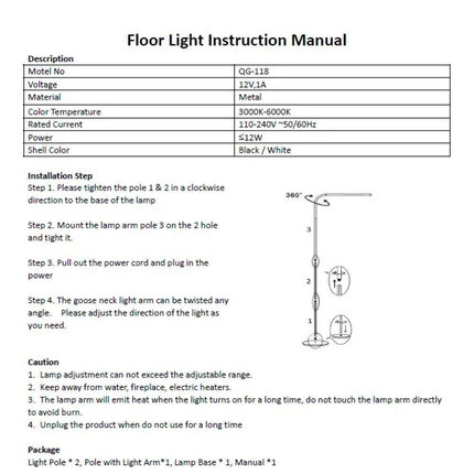 LED Floor Lamp Gooseneck 360 Adjustable Reading Standing Lamp For Office Bedroom