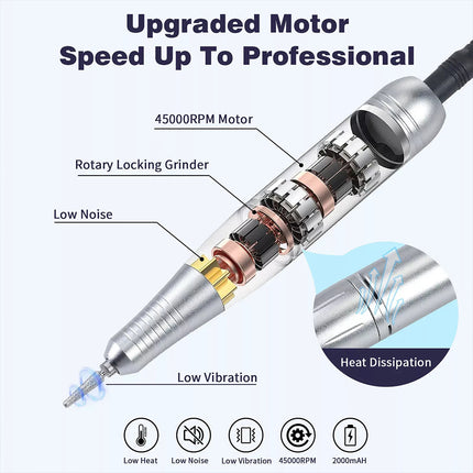 Professional Rechargeable Nail Drill File Machine 45000RPM Portable Electric