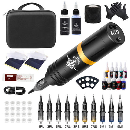 Tattoo Machine Kit Wireless Motor Pen Gun Color Ink Power Supply Needle Battery Gold