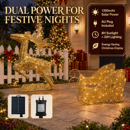 Christmas Reindeer & Sleigh Solar LED Lights Metal Frame Outdoor Xmas Garden Decoration