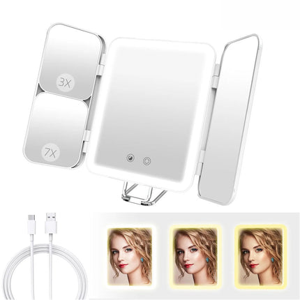 Tri-fold LED Makeup Mirror Magnifying Touch Rechargeable Travel Pocket Mirrors White