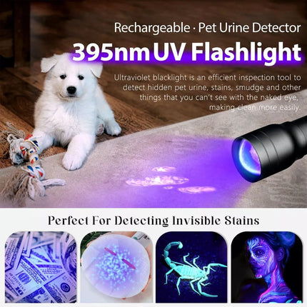 Zoom 395nm UV Light Blacklight Rechargeable Tactical LED Flashlight Lamp