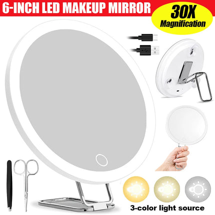 30X Magnifying Makeup Mirror W/ LED Light 360° Adjustable Foldable USB Charging