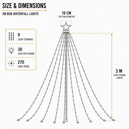 270 LED 9 Strands 3M RGB Waterfall Christmas Tree Lights Star 8 Modes Memory