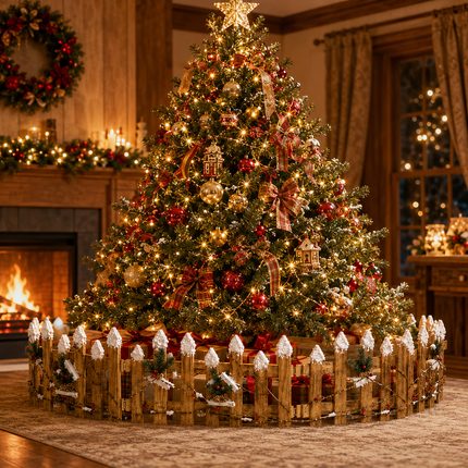 Christmas Wooden Fence Snow-Tipped Rustic Farmhouse Xmas Tree Base Village Decor