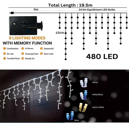 480 LED 14.5M Blue & White Solar Icicle Christmas Lights With 8 Functions