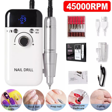Rechargeable Electric Nail Drill Machine - Professional Portable Nail 45000RPM