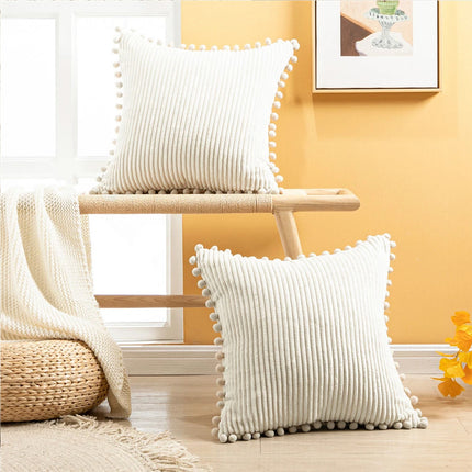 2x Pom Poms Ball Solid Color Stripe Cushion Cover Corduroy Pillow Covers Beige 50 x 50 cm