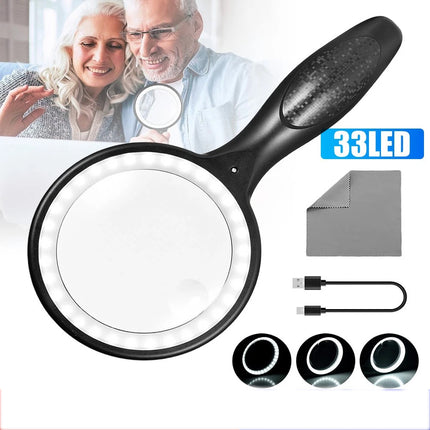 Handheld 5X/10X Magnifier Reading Magnifying Glass Jewelry Loupe With Light USB