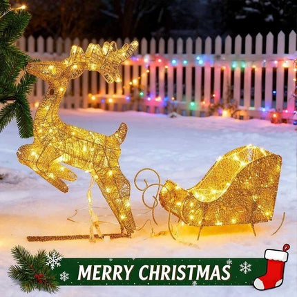 Christmas Lighted Reindeer & Sleigh Solar Powered LED Lights Xmas Decoration