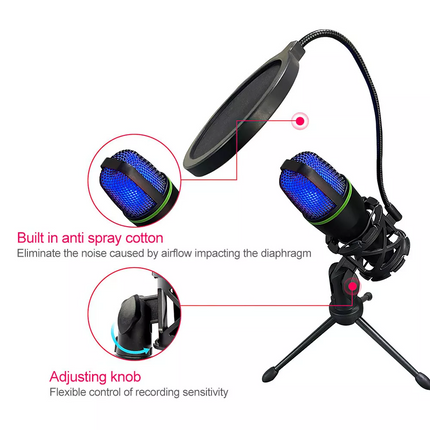 USB Microphone RGB condensador for Podcast Recording Studio Streaming Laptop PC
