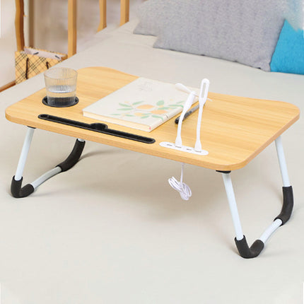 Laptop Bed Table Foldable Lap Standing Desk with Cup Slot for Indoor/Picnic Tray Wood + USB Lamp +USB Fan