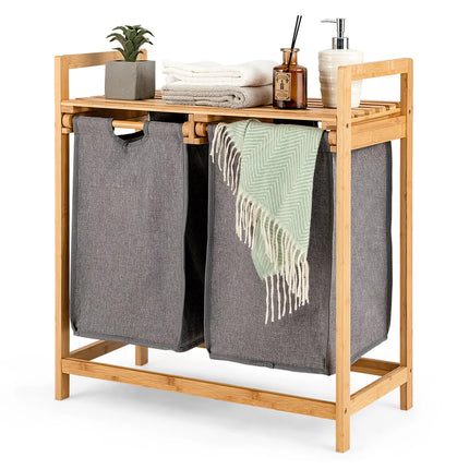 Laundry Baskets Hamper Bamboo Shelf w/ 2 Sliding Washing Clothes Bags