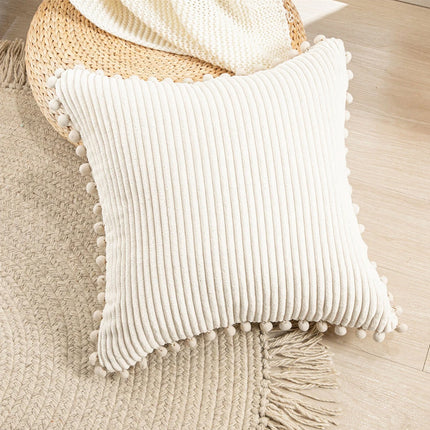 2x Pom Poms Ball Solid Color Stripe Cushion Cover Corduroy Pillow Covers Beige 50 x 50 cm
