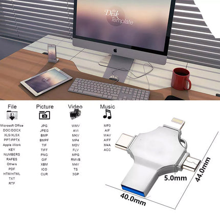 1TB USB 3.0 Flash Drive 4 in 1 Memory Stick For iPhone iPad Android PC Type-c
