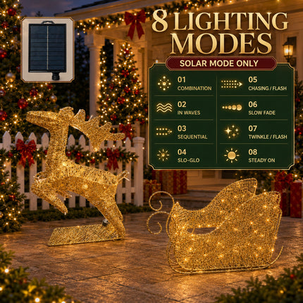 Christmas Reindeer & Sleigh Solar LED Lights Metal Frame Outdoor Xmas Garden Decoration