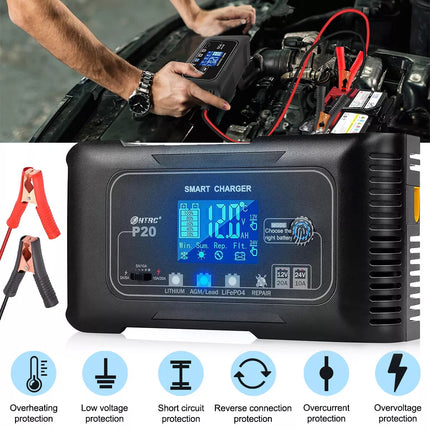 20A Automatic Lithium Battery Charger 12V/24V For Lifepo4 Lead-Acid AGM/Gel/SLA