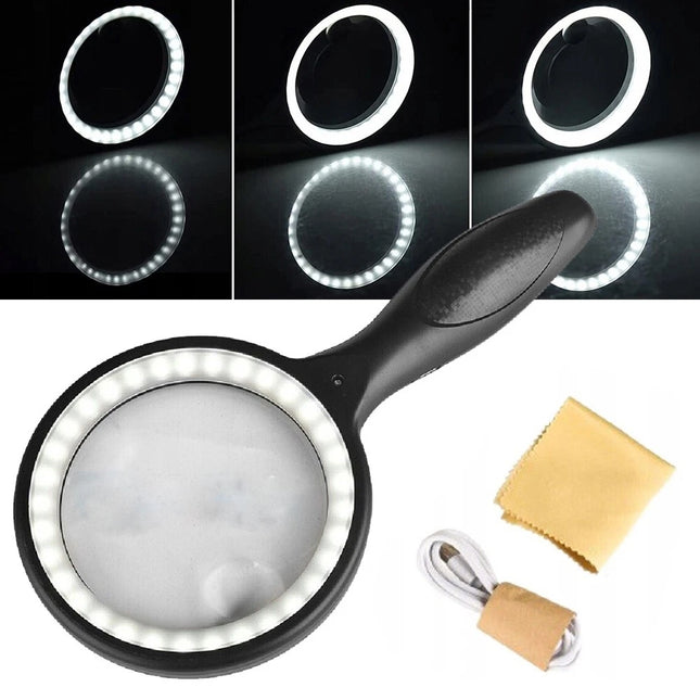 Handheld 5X/10X Magnifier Reading Magnifying Glass Jewelry Loupe With Light USB