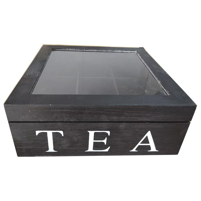Wooden Tea Bag Chest Box Glass Window Wood Jewellery Storage Organiser Assorted