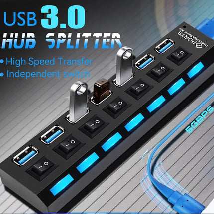 7 Ports USB 3.0 HUB Powered High Speed Splitter Extender with Power Supply