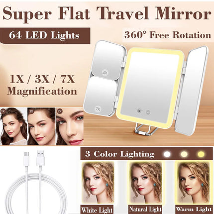 Tri-fold LED Makeup Mirror Magnifying Touch Rechargeable Travel Pocket Mirrors White