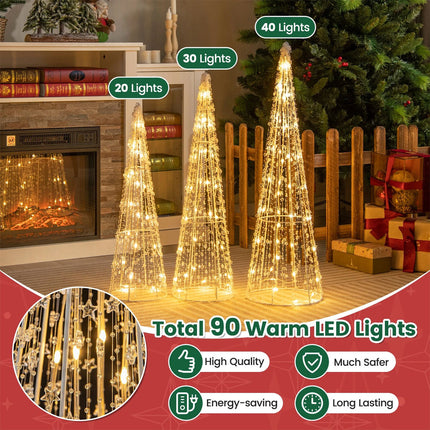 Set of 3 Pre-lit Christmas Cone Tree Set with Star Strings Xmas Decor for Lawn
