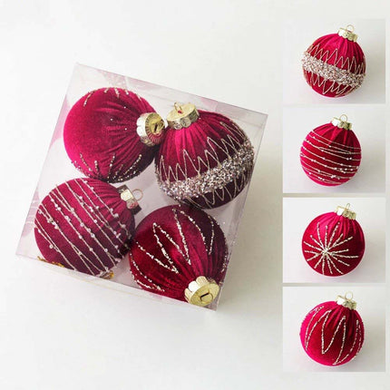 4X Velvet Christmas Balls Xmas Tree Hanging Bauble Ornament Party Decoration 8CM Red