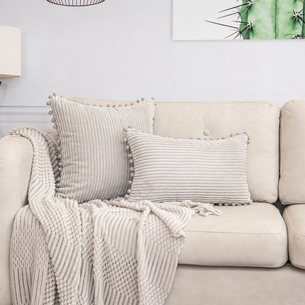 2x Pom Poms Ball Solid Color Stripe Cushion Cover Corduroy Pillow Covers Beige 50 x 50 cm
