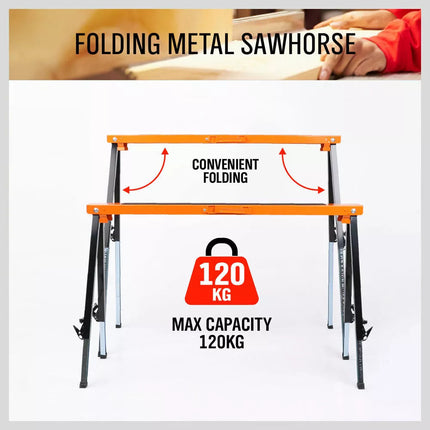 2Pc Sawhorse Metal Folding Non-slip Surface Saw Horse 120KG Capacity
