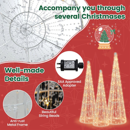 Set of 3 Pre-lit Christmas Cone Tree Set with Star Strings Xmas Decor for Lawn