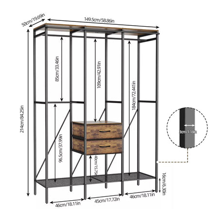 XXL Large Industrial Coat Rack Stand Bedroom Open Wardrobe w/ 2 Drawer Shelves