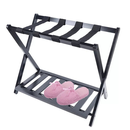 Folding Luggage Rack Bamboo Stand with Shelf Travel Suitcase Shoe Storage Holder
