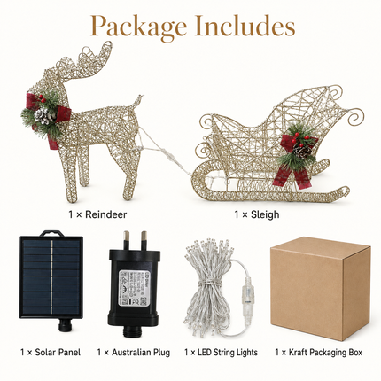 2-Piece LED Christmas Reindeer & Sleigh Solar-Powered Lighted Metal Frame Yard Decoration Set