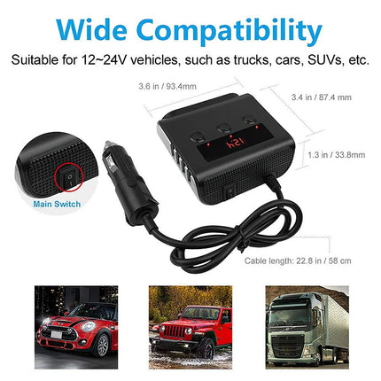 3 Way 12V 24V Multi Socket Car Cigarette Lighter Splitter USB Charger Adapter