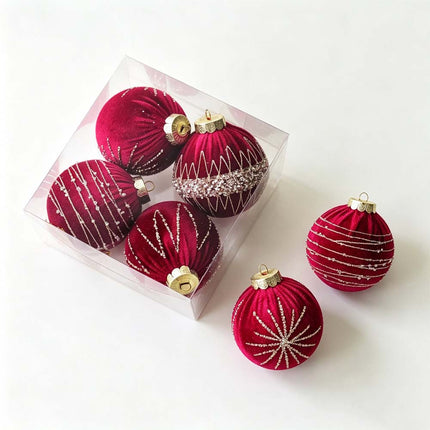 4X Velvet Christmas Balls Xmas Tree Hanging Bauble Ornament Party Decoration 8CM Red