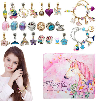 24Pcs Unicorn Christmas Charm DIY Bracelet Advent Calendar Jewelry Kit Set Gift