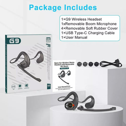 Bluetooth 5.3 Bone Conduction Headset Wireless Headphones & Removable Mic