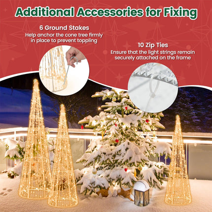 Set of 3 Pre-lit Christmas Cone Tree Set with Star Strings Xmas Decor for Lawn