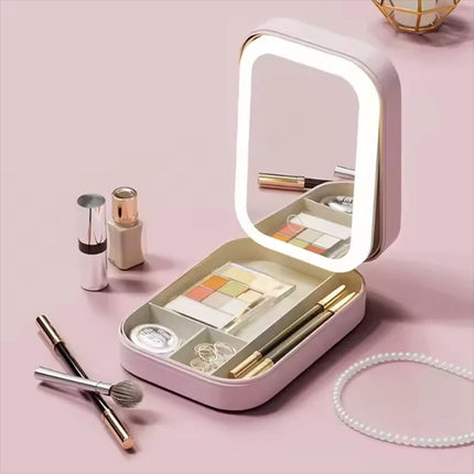 Makeup Travel Case with Mirror LED Light Cosmetic Bag Portable Storage Gift （Pink）