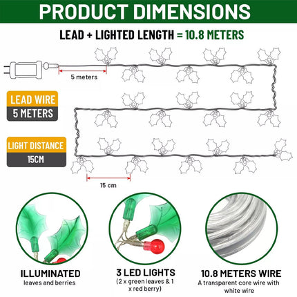 40 Holly & Berry 120 Led Christmas String Lights With 8 Function And Memory
