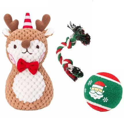 Festive Elk Christmas Dog Toy Set with Durable Cotton Rope and Soft Plush Ball Chew Toys