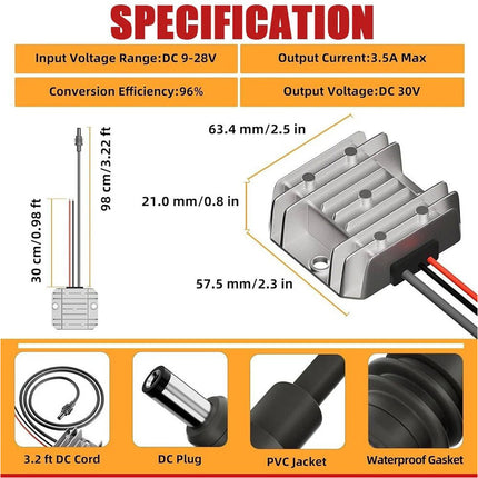 Step Up Power Adapter 12V/24V To 30V3.5A Converter W/ DC Cable For Starlink-Mini