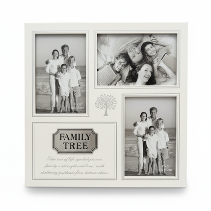 Family Tree 3-Photo Collage Frame — White Keepsake with Decorative Plaque — Fits 2x( 4"×6") + 1x(6"×4") Photos