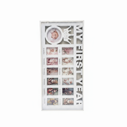 Baby’s First Year Photo Frame — 13-Photo Keepsake (Born → 1 Year) — White Crown Design — Gift‑Ready