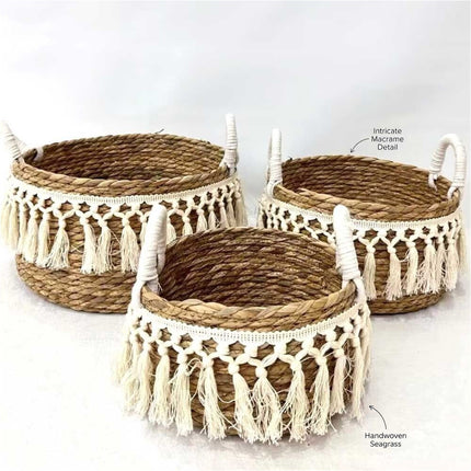 3Pcs Natural Seagrass Planter Pots with Legs Macrame Trim Boho Home Garden Decor